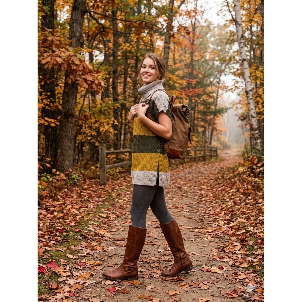 Boho Poncho Earthy Sweater OS Olive Mustard Gray Striped Cable Knit Turtleneck